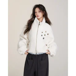 Via Pitti Drawstring Button Fleece Short Jacket Beige