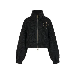 Via Pitti Drawstring Button Fleece Short Jacket Black