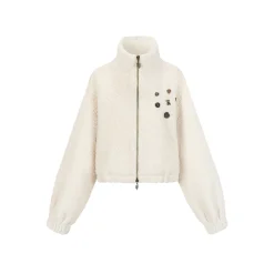 Via Pitti Drawstring Button Fleece Short Jacket Beige