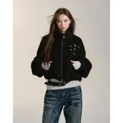 Via Pitti Drawstring Button Fleece Short Jacket Black