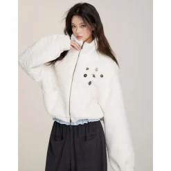 Via Pitti Drawstring Button Fleece Short Jacket Beige