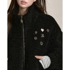 Via Pitti Drawstring Button Fleece Short Jacket Black