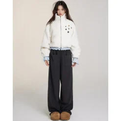 Via Pitti Drawstring Button Fleece Short Jacket Beige