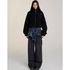 Via Pitti Drawstring Button Fleece Short Jacket Black