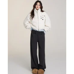 Via Pitti Drawstring Button Fleece Short Jacket Beige