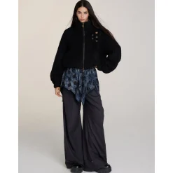 Via Pitti Drawstring Button Fleece Short Jacket Black