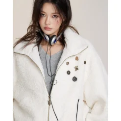 Via Pitti Drawstring Button Fleece Short Jacket Beige