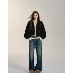 Via Pitti Drawstring Button Fleece Short Jacket Black