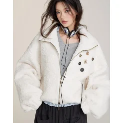 Via Pitti Drawstring Button Fleece Short Jacket Beige