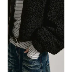 Via Pitti Drawstring Button Fleece Short Jacket Black