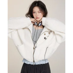 Via Pitti Drawstring Button Fleece Short Jacket Beige