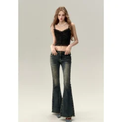 Via Pitti Faded Washed Blue Flare Jeans Blue