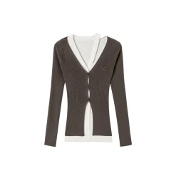 Via Pitti Fake-2-Piece Hollow Out Knit Long Cardigan Brown