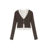 Via Pitti Fake-2-Piece Hollow Out Knit Short Cardigan Brown