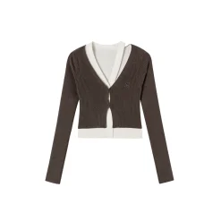 Via Pitti Fake-2-Piece Hollow Out Knit Short Cardigan Brown