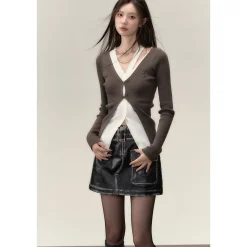 Via Pitti Fake-2-Piece Hollow Out Knit Long Cardigan Brown