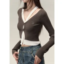 Via Pitti Fake-2-Piece Hollow Out Knit Short Cardigan Brown
