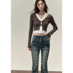 Via Pitti Fake-2-Piece Hollow Out Knit Short Cardigan Brown