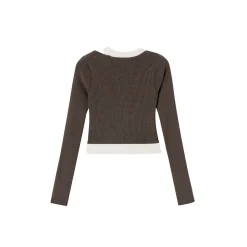 Via Pitti Fake-2-Piece Hollow Out Knit Short Cardigan Brown