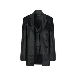 Via Pitti Fake-2-Piece Lace Patchwork Leather Jacket Black