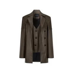 Via Pitti Fake-2-Piece Lace Patchwork Leather Jacket Brown