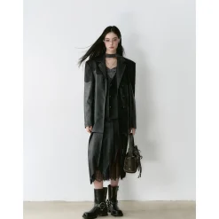 Via Pitti Fake-2-Piece Lace Patchwork Leather Jacket Black