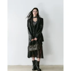 Via Pitti Fake-2-Piece Lace Patchwork Leather Jacket Black