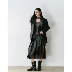 Via Pitti Fake-2-Piece Lace Patchwork Leather Jacket Black