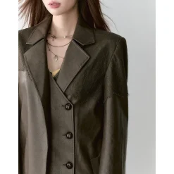 Via Pitti Fake-2-Piece Lace Patchwork Leather Jacket Brown
