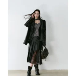 Via Pitti Fake-2-Piece Lace Patchwork Leather Jacket Black