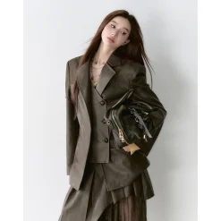 Via Pitti Fake-2-Piece Lace Patchwork Leather Jacket Brown