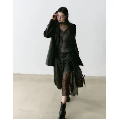 Via Pitti Fake-2-Piece Lace Patchwork Leather Jacket Black