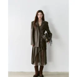 Via Pitti Fake-2-Piece Lace Patchwork Leather Jacket Brown
