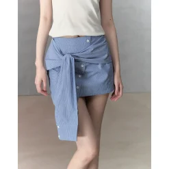 Via Pitti Fake-2-Piece Patchwork Tie Skirt Blue