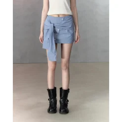 Via Pitti Fake-2-Piece Patchwork Tie Skirt Blue