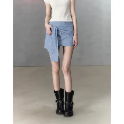Via Pitti Fake-2-Piece Patchwork Tie Skirt Blue
