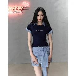 Via Pitti Fake-2-Piece Patchwork Tie Skirt Blue
