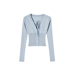 Via Pitti Fake-2-Piece Shiny Short Knit Top Blue