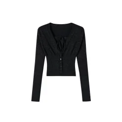 Via Pitti Fake-2-Piece Shiny Short Knit Top Black