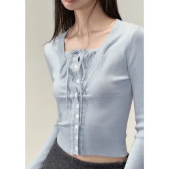Via Pitti Fake-2-Piece Shiny Short Knit Top Blue