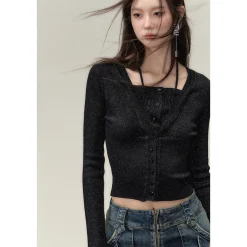 Via Pitti Fake-2-Piece Shiny Short Knit Top Black
