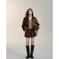 Via Pitti Fake-2-Piece Suede Short Skirt Brown