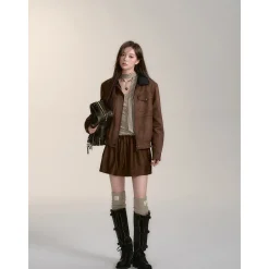 Via Pitti Fake-2-Piece Suede Short Skirt Brown