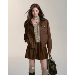 Via Pitti Fake-2-Piece Suede Short Skirt Brown