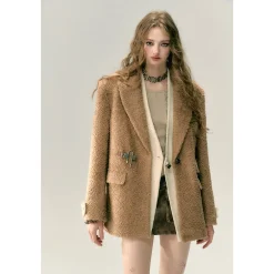 Via Pitti Fake-2-Piece Thicken Fleece Blazer Brown