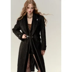 Via Pitti Fake-2-Piece Thicken Long Fleece Coat Black