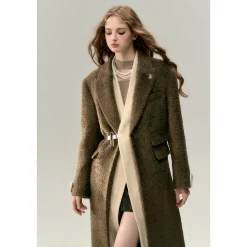 Via Pitti Fake-2-Piece Thicken Long Fleece Coat Brown