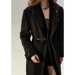 Via Pitti Fake-2-Piece Thicken Long Fleece Coat Black