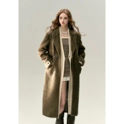 Via Pitti Fake-2-Piece Thicken Long Fleece Coat Brown