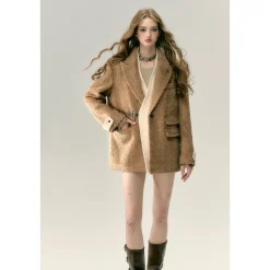 Via Pitti Fake-2-Piece Thicken Fleece Blazer Brown